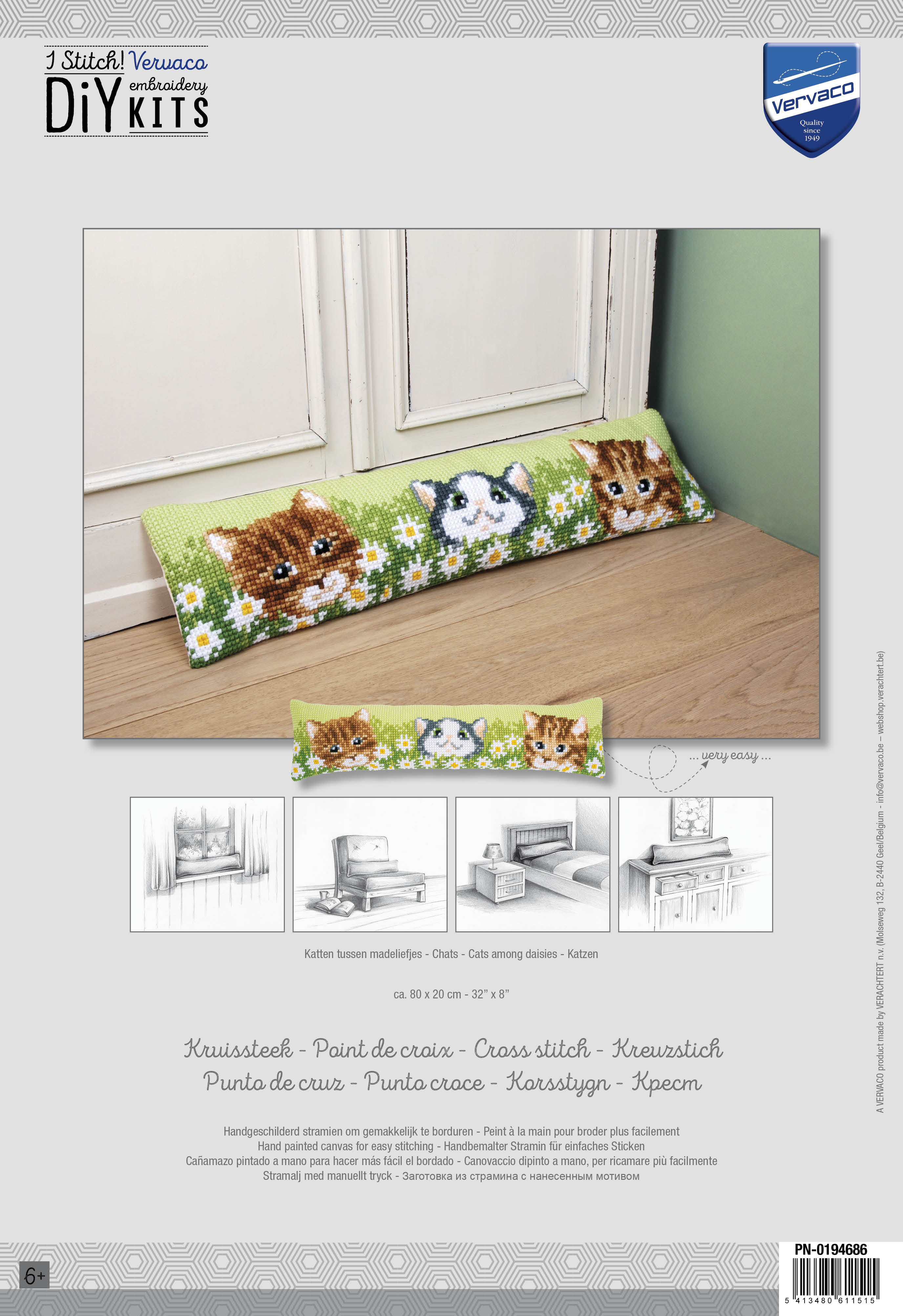 Cats Among Daisies Printed Chunky Cross Stitch Draft Excluder 32