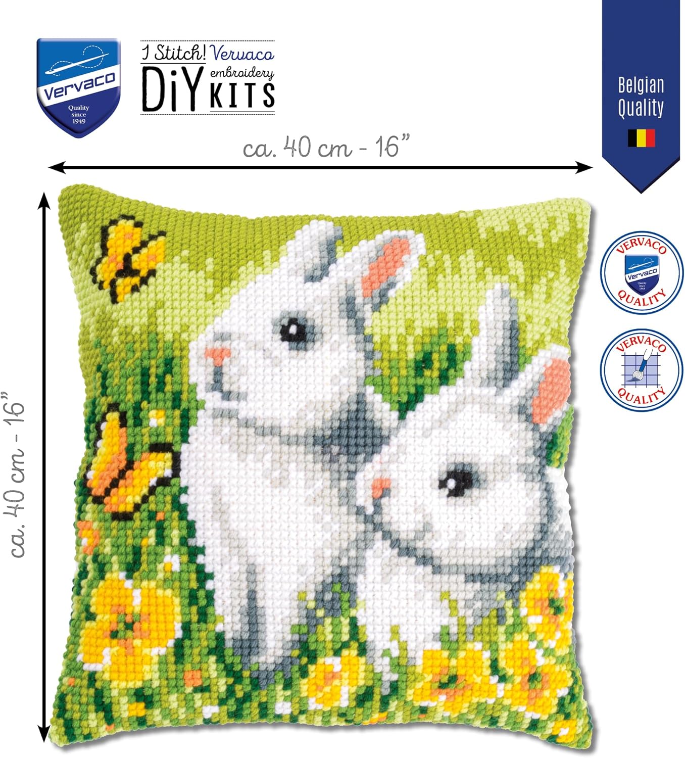 Rabbits & Butterfly Chunky Cross Stitch Cushion Front Kit 40x40c