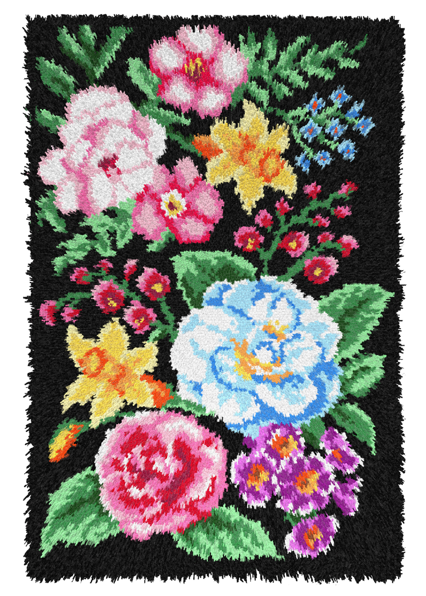 Flowers on Black Latch Hook Rug Making Kit. Orchidea, 50x74cm