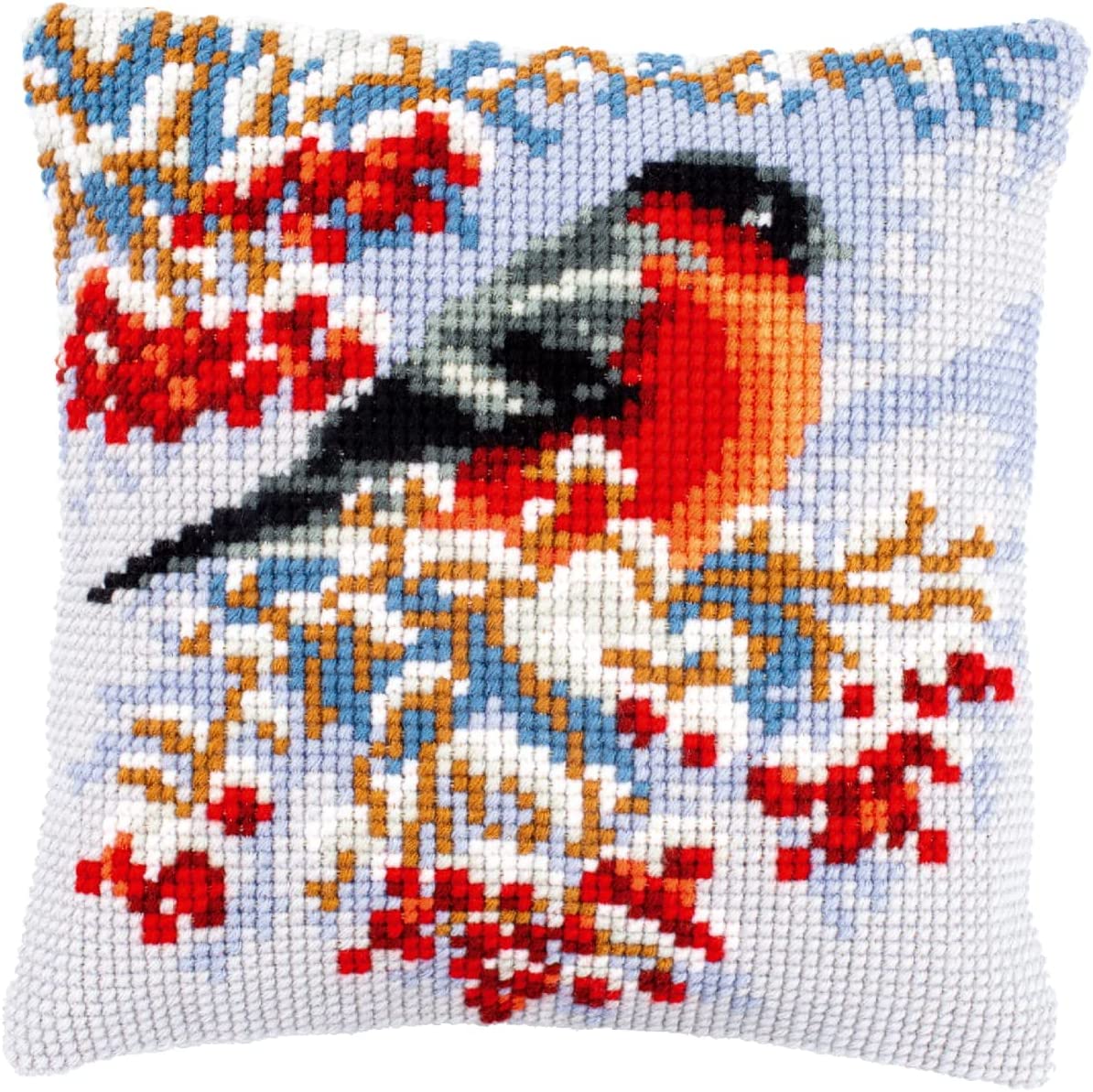 Bullfinch In Winter Printed Chunky Cross Stitch Cushion Front Ki