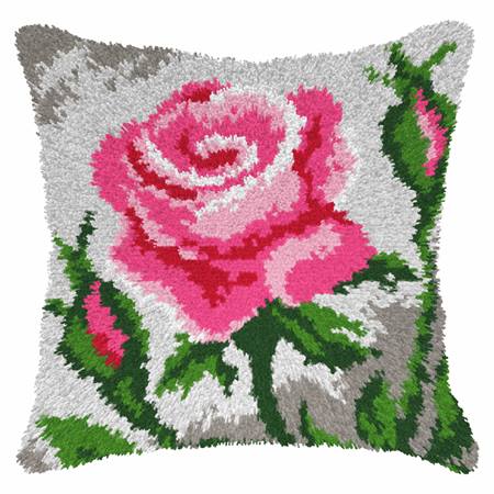 Pink Rose & Bud Latch Hook Cushion Front Kit. Orchidea, 40x40cm