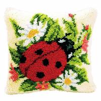 Ladybird on a posy latch hook cushion Front kit 16x16 inches