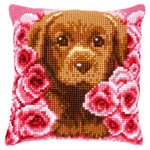 Puppy In Roses Chunky Cross Stitch Cushion Front Kit By Vervaco